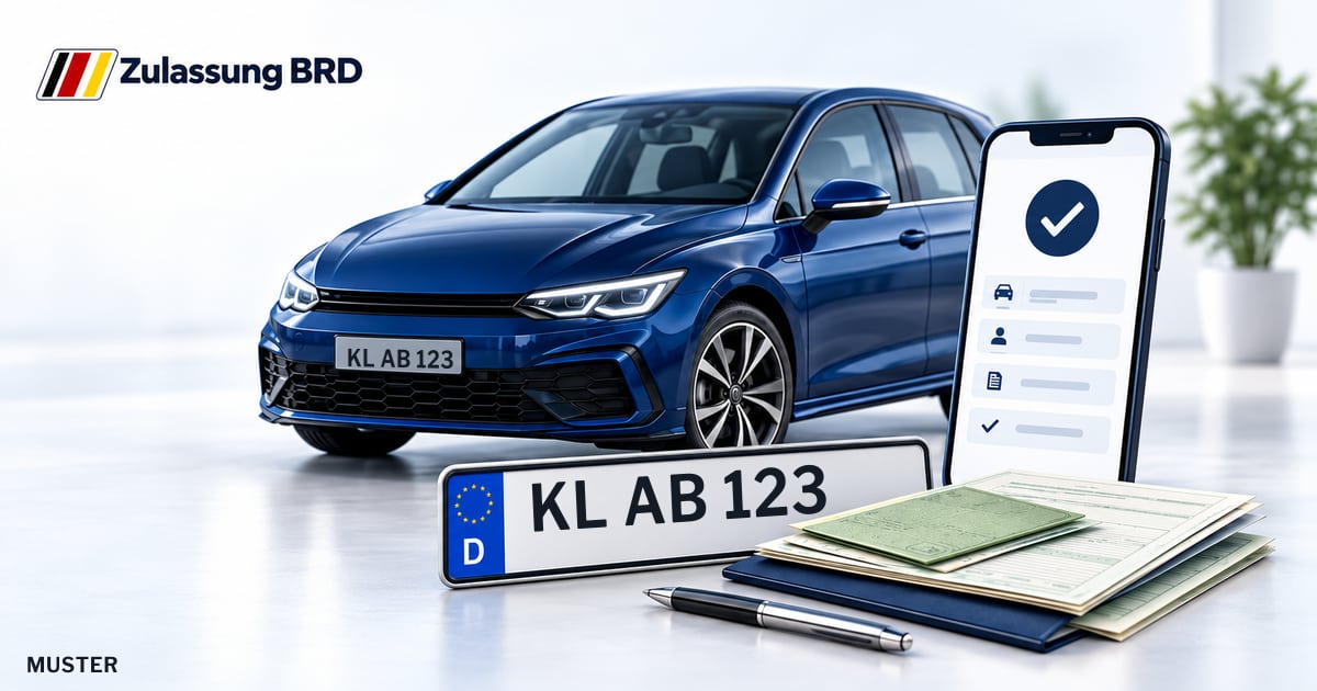 Online Fahrzeugzulassung in Kaiserslautern: Musterkennzeichen KL AB 123, Auto und Fahrzeugpapiere und Smartphone. Illustration mit Logo von Zulassung BRD.